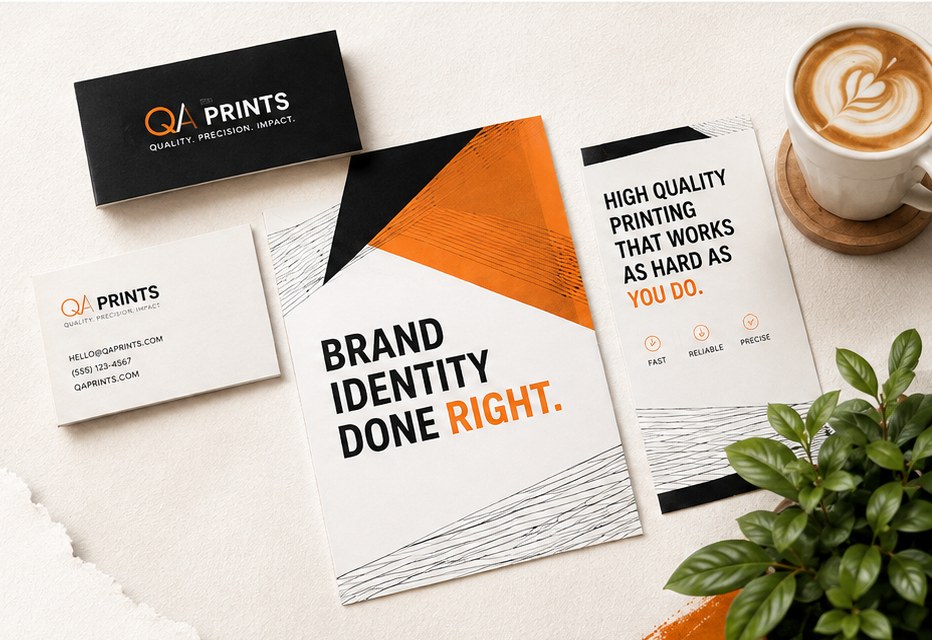 Business cards, flyers and branded printed materials arranged beside coffee and greenery